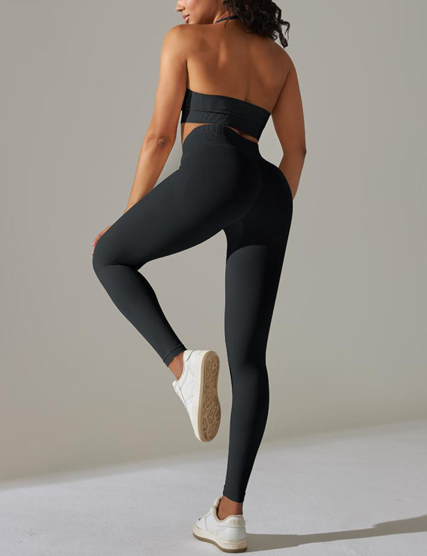 Black Seamless Knit Halter Yoga Bra and Legging Set