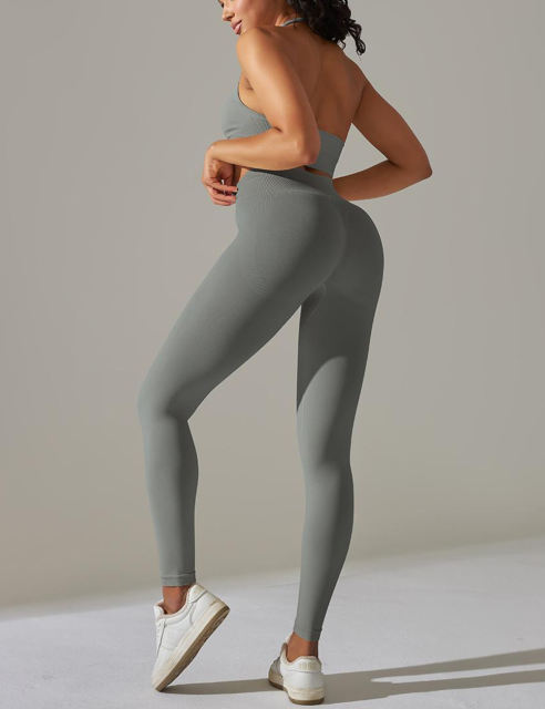 Dark Gray Seamless Knit Halter Yoga Bra and Legging Set