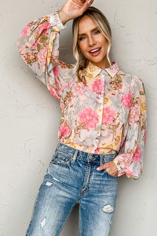 Pink All Floral Puff Sleeve Collared Shirt