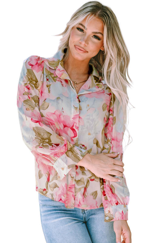 Pink All Floral Puff Sleeve Collared Shirt