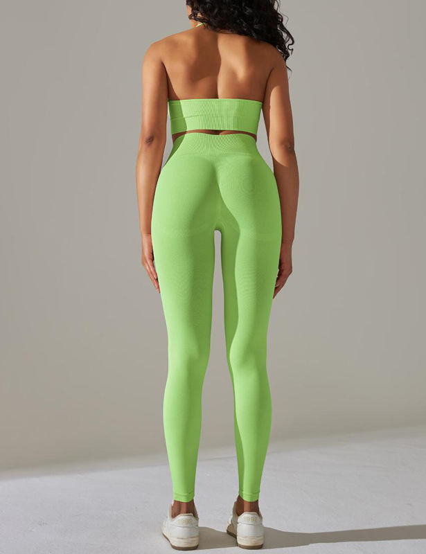Fluorescent Green Seamless Knit Halter Yoga Bra and Legging Set