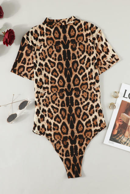 Leopard Print Gold O-Ring Zipper Bodysuit