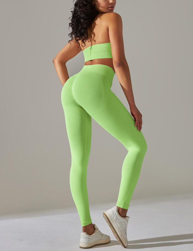 Fluorescent Green Seamless Knit Halter Yoga Bra and Legging Set