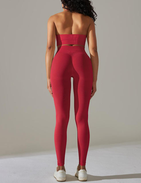 Red Seamless Knit Halter Yoga Bra and Legging Set