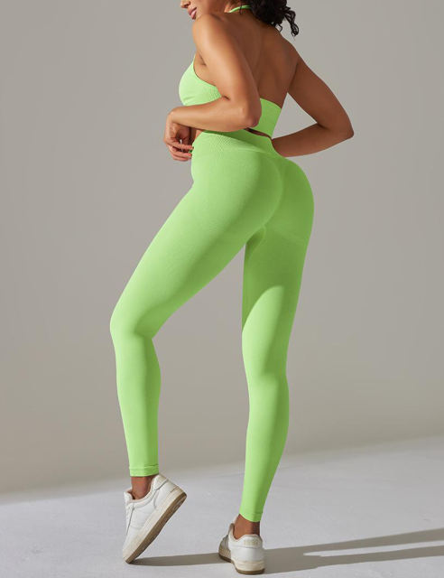 Fluorescent Green Seamless Knit Halter Yoga Bra and Legging Set