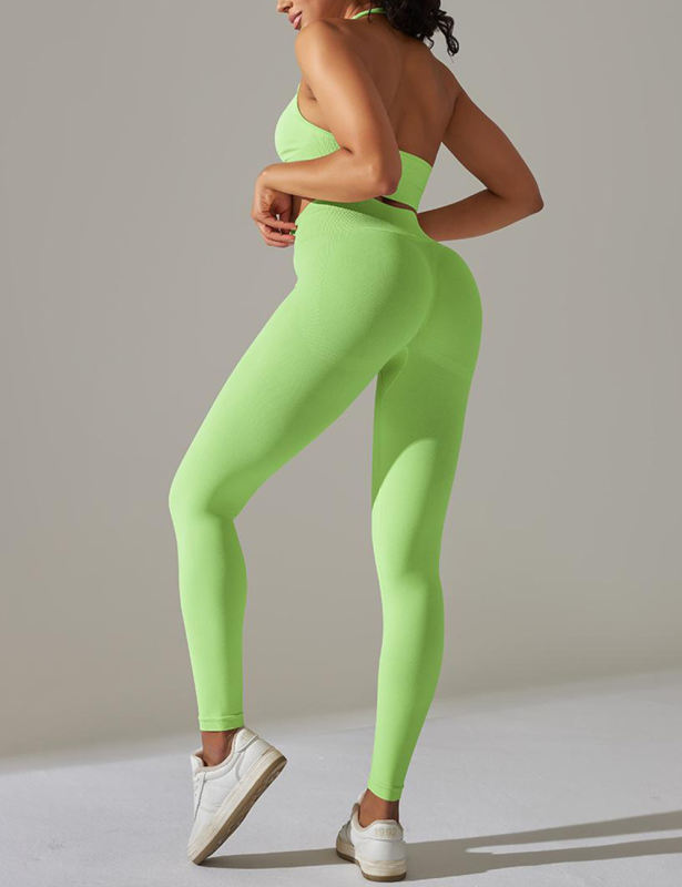 Fluorescent Green Seamless Knit Halter Yoga Bra and Legging Set