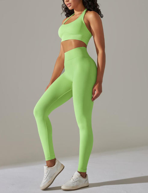 Fluorescent Green Seamless Knit Halter Yoga Bra and Legging Set