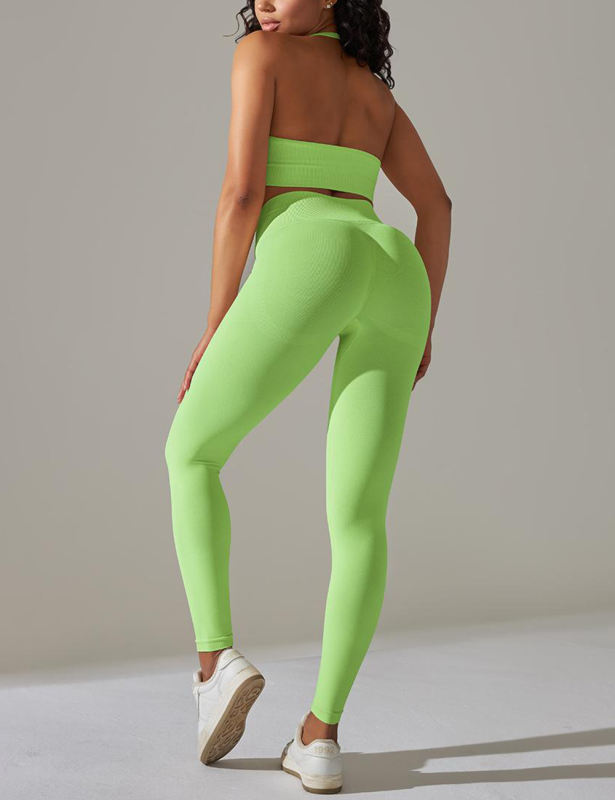 Fluorescent Green Seamless Knit Halter Yoga Bra and Legging Set