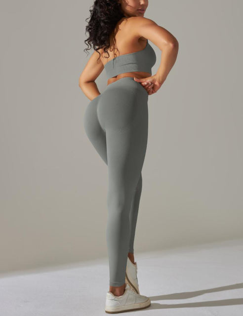 Dark Gray Seamless Knit Halter Yoga Bra and Legging Set