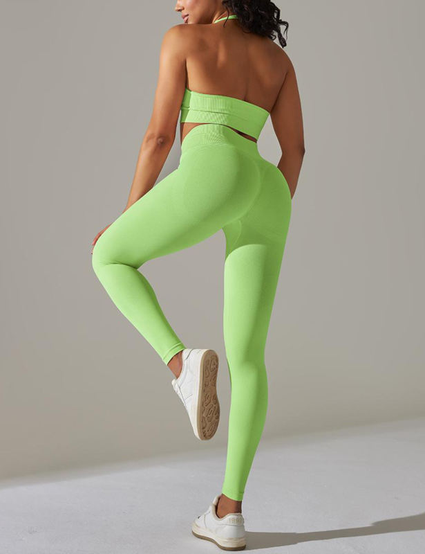 Fluorescent Green Seamless Knit Halter Yoga Bra and Legging Set