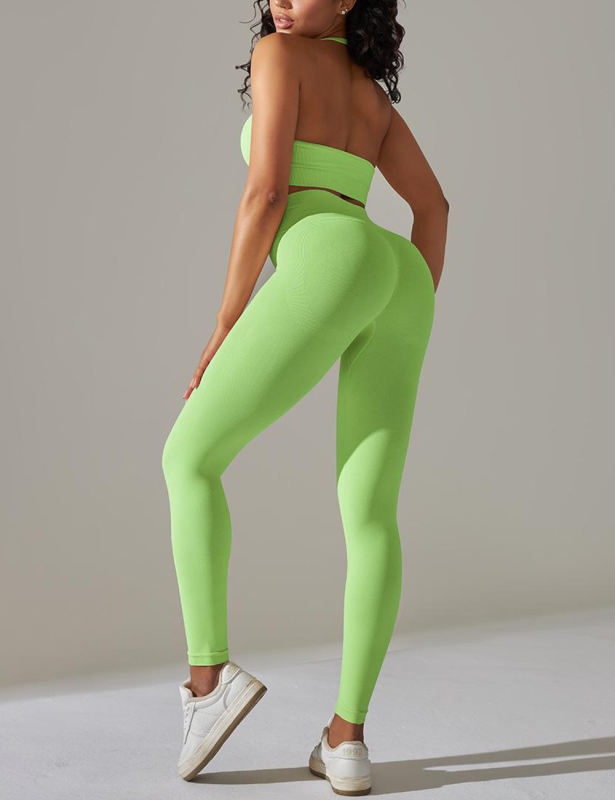Fluorescent Green Seamless Knit Halter Yoga Bra and Legging Set
