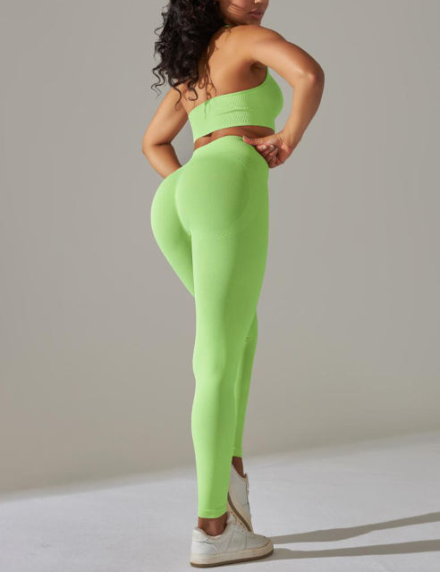 Fluorescent Green Seamless Knit Halter Yoga Bra and Legging Set