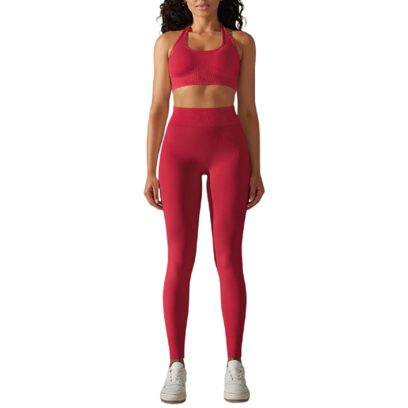 Red Seamless Knit Halter Yoga Bra and Legging Set
