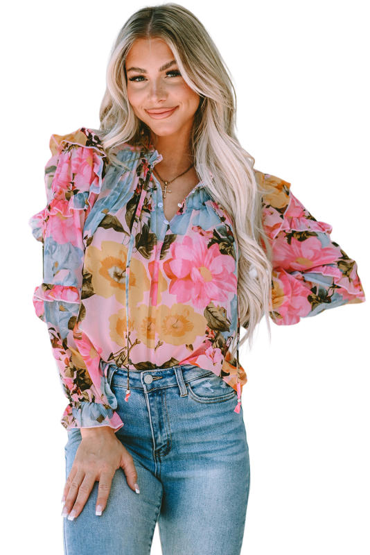 Pink Floral Print Tiered Ruffled Long Sleeve Blouse