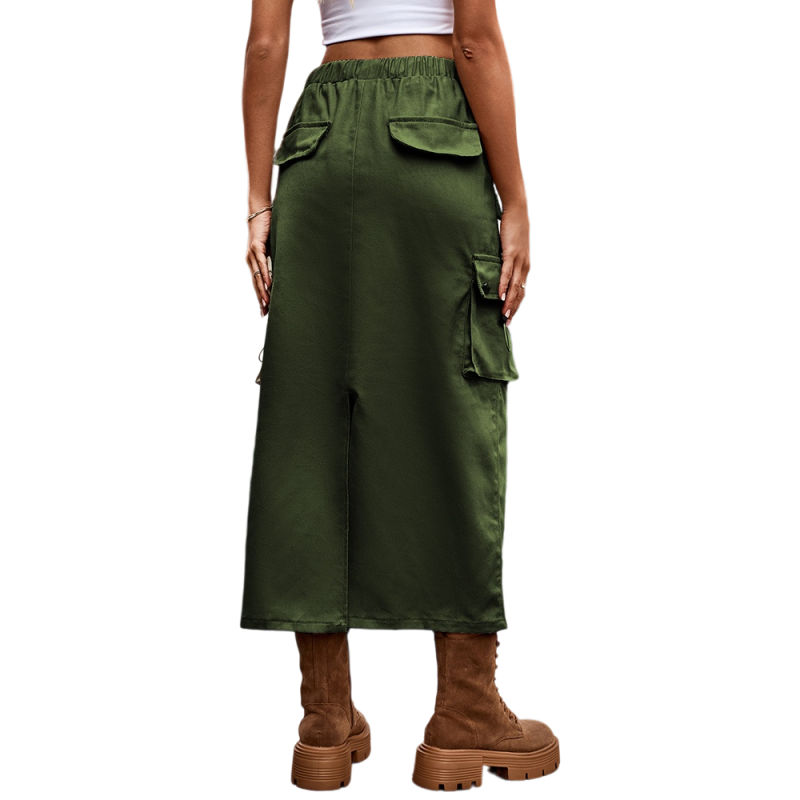 Army Green Solid Color Drawstring Waist Denim Skirt