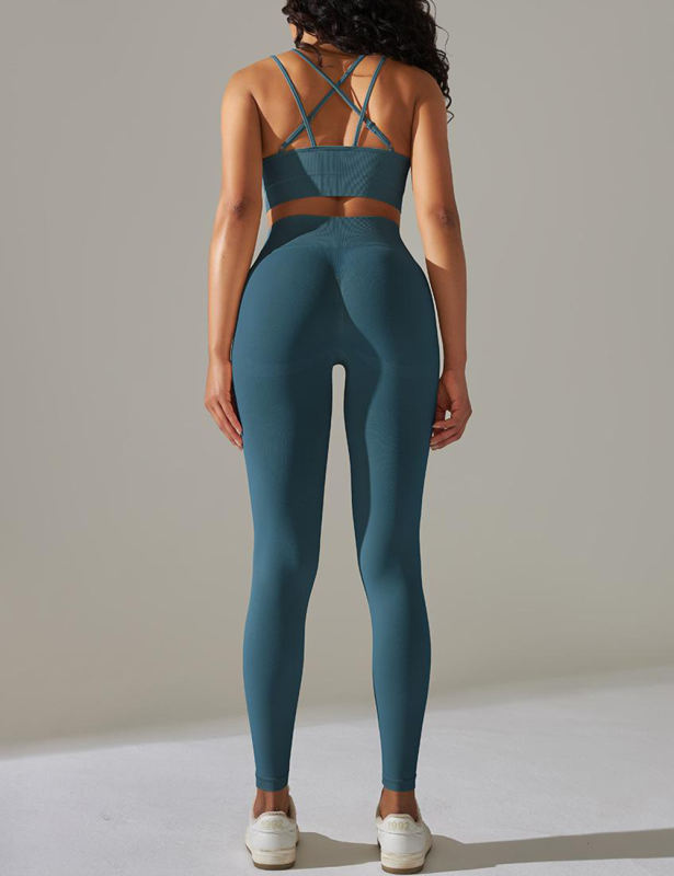 Bllue-green Crisscross Back Yoga Bra and High Waist Legging Set