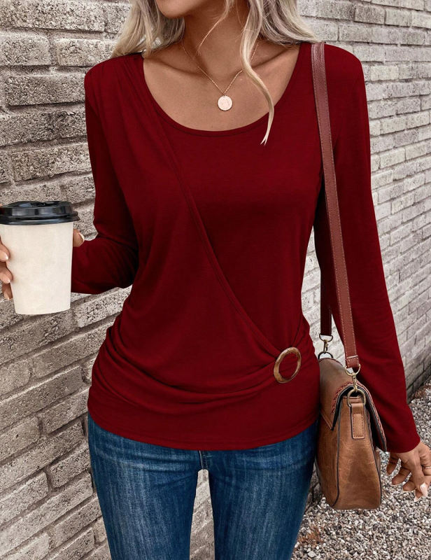 Red Round neck Buckle Pleated Waist Long Sleeve Tops