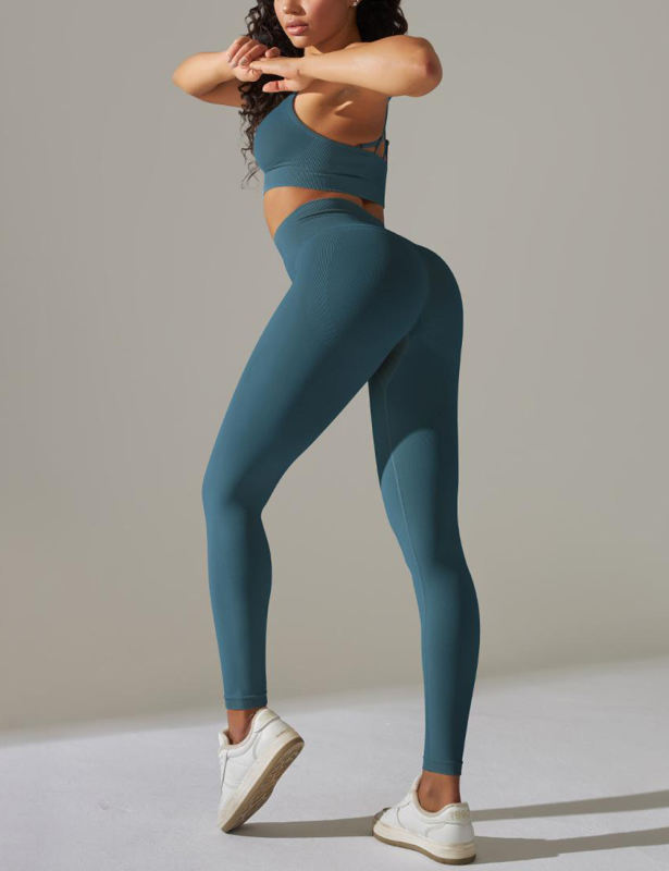 Bllue-green Crisscross Back Yoga Bra and High Waist Legging Set