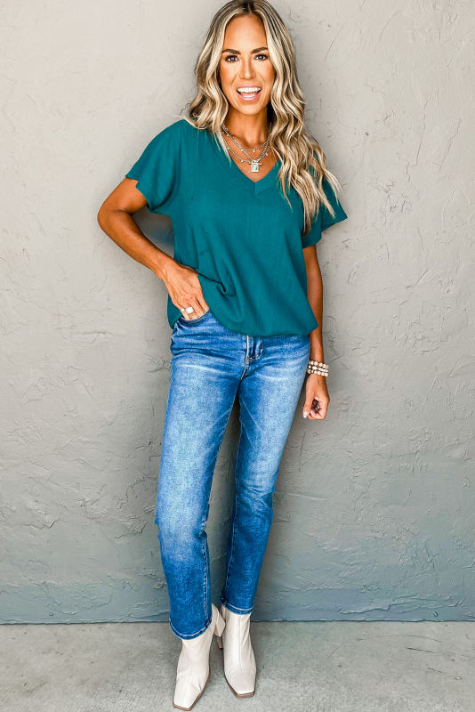 Blue Crinkled V Neck Wide Sleeve T-shirt