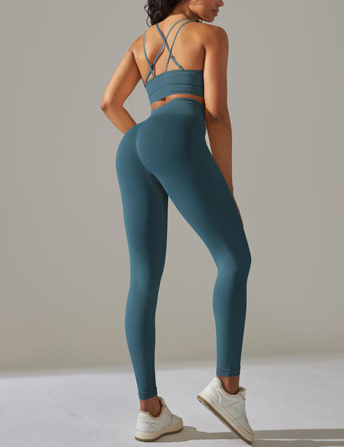 Bllue-green Crisscross Back Yoga Bra and High Waist Legging Set