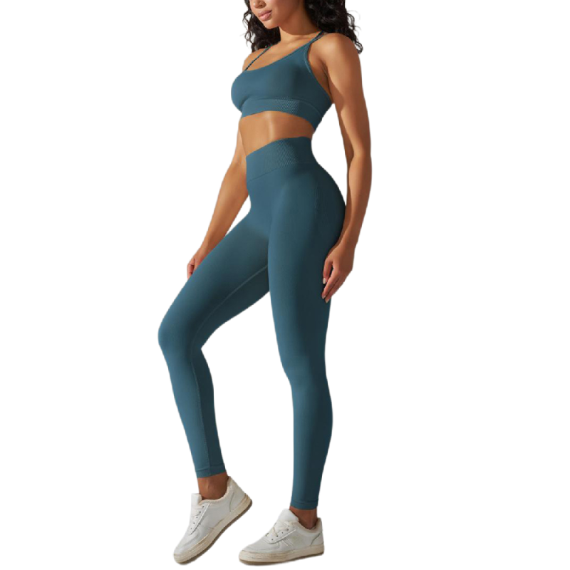 Bllue-green Crisscross Back Yoga Bra and High Waist Legging Set