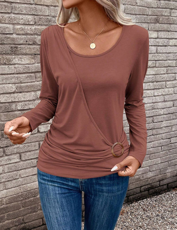 Pink Round Neck Buckle Pleated Waist Long Sleeve Tops