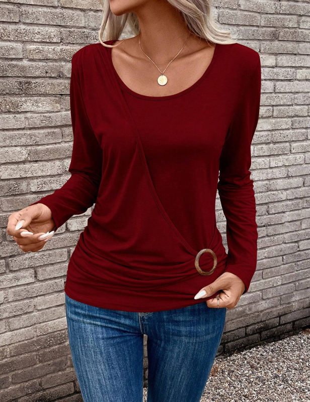 Red Round neck Buckle Pleated Waist Long Sleeve Tops