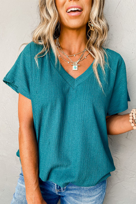 Blue Crinkled V Neck Wide Sleeve T-shirt
