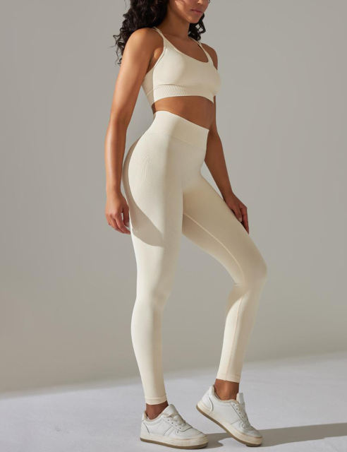 Beige Crisscross Back Yoga Bra and High Waist Legging Set