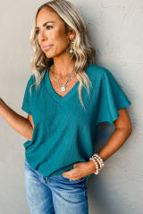 Blue Crinkled V Neck Wide Sleeve T-shirt