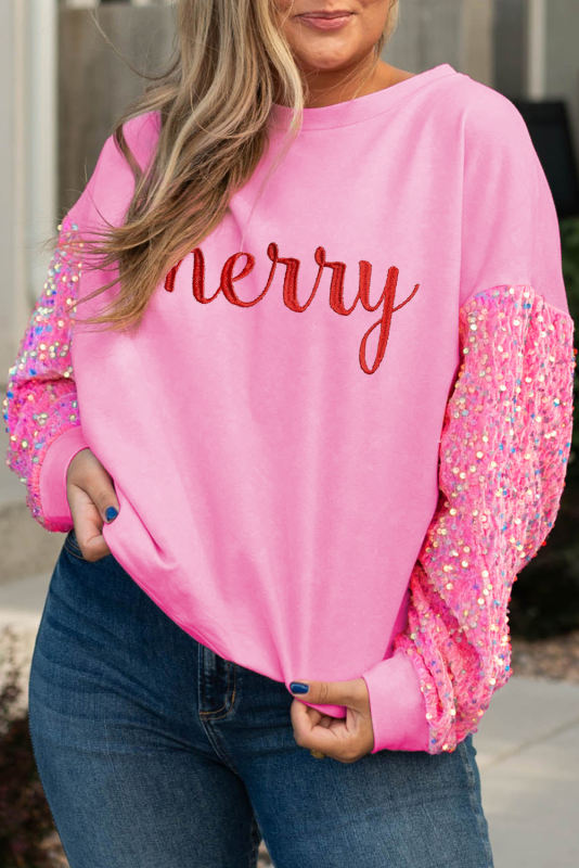 Pink Plus Size Sequin Sleeves merry Embroidered Sweatshirt