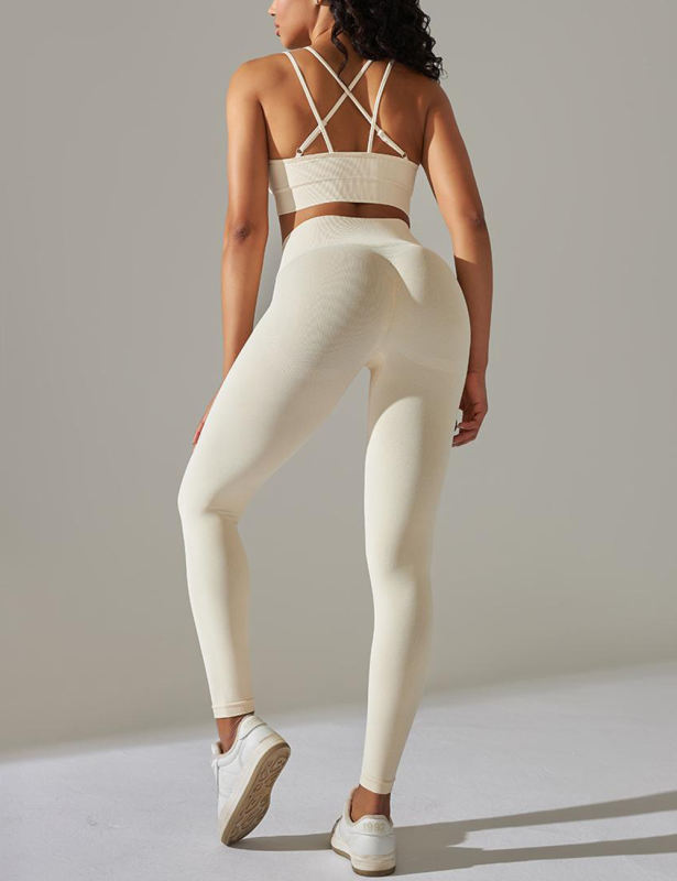 Beige Crisscross Back Yoga Bra and High Waist Legging Set