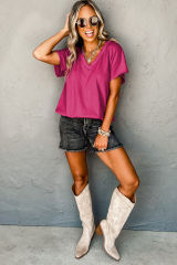 Bright Pink Crinkled V Neck Wide Sleeve T-shirt