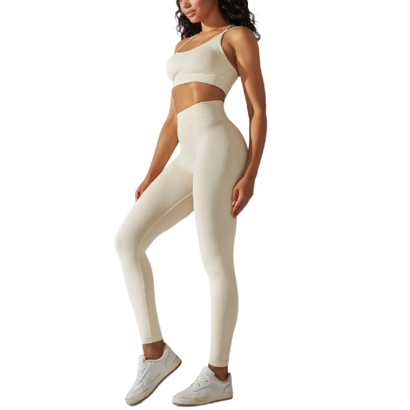 Beige Crisscross Back Yoga Bra and High Waist Legging Set