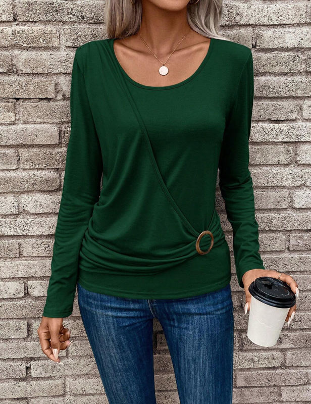 Green Round neck Buckle Pleated Waist Long Sleeve Tops