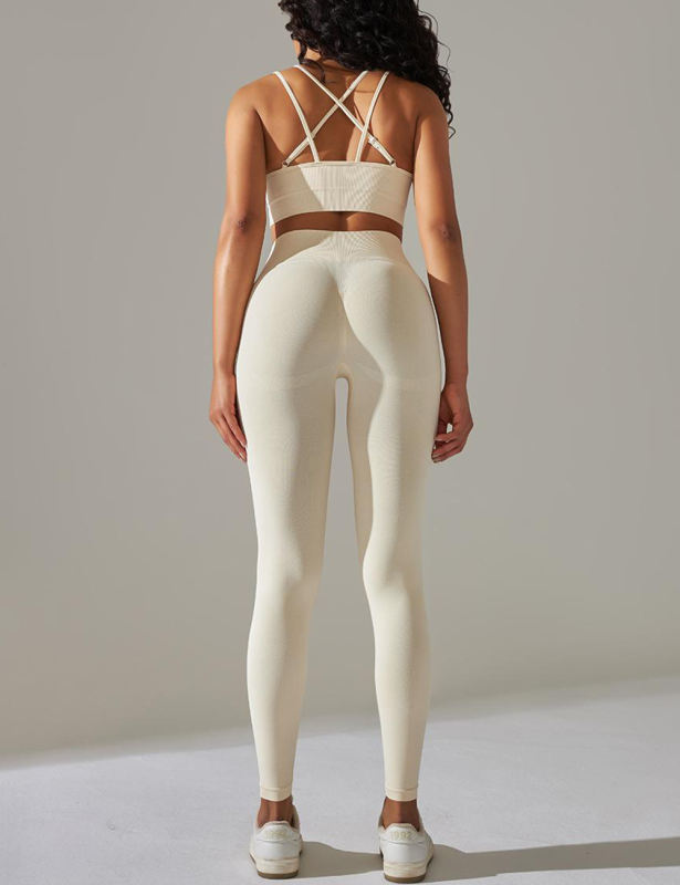 Beige Crisscross Back Yoga Bra and High Waist Legging Set
