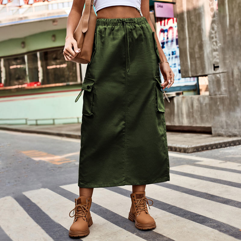 Army Green Solid Color Drawstring Waist Denim Skirt