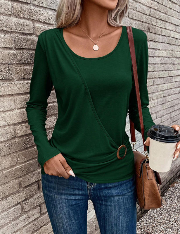 Green Round neck Buckle Pleated Waist Long Sleeve Tops