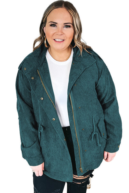 Green Plus Size Button Zipped Corduroy Jacket