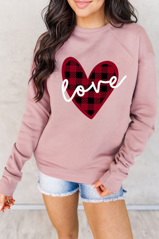 Pink Love Heart Shape Plaid Print Raglan Sleeve Sweatshirt