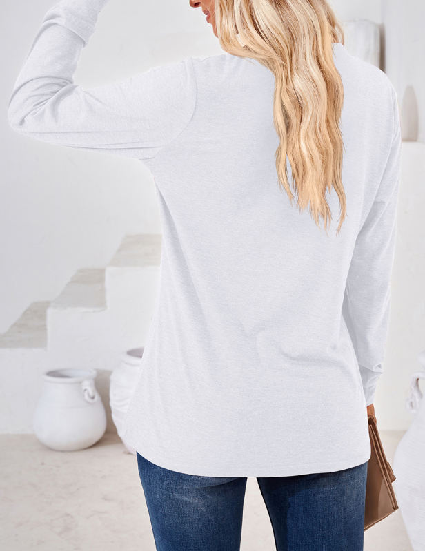 White Button-up V Neck Loose Fit Long Sleeve Tops