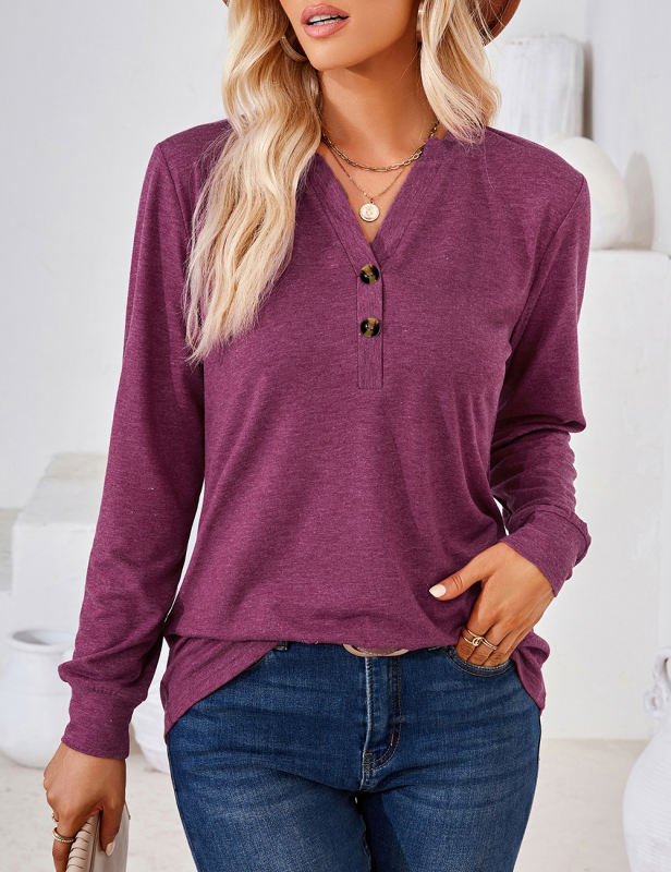 Purplish Red Button-up V Neck Loose Fit Long Sleeve Tops