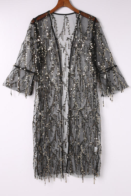 Black Sequin Sheer Long Sleeve Open Front Kimono