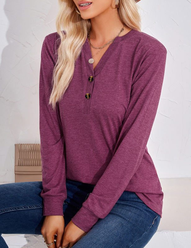 Purplish Red Button-up V Neck Loose Fit Long Sleeve Tops