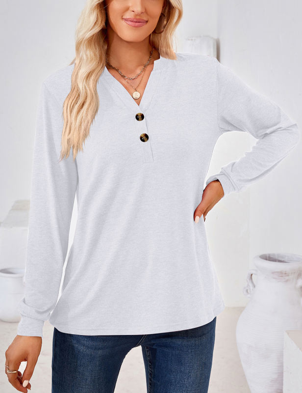 White Button-up V Neck Loose Fit Long Sleeve Tops