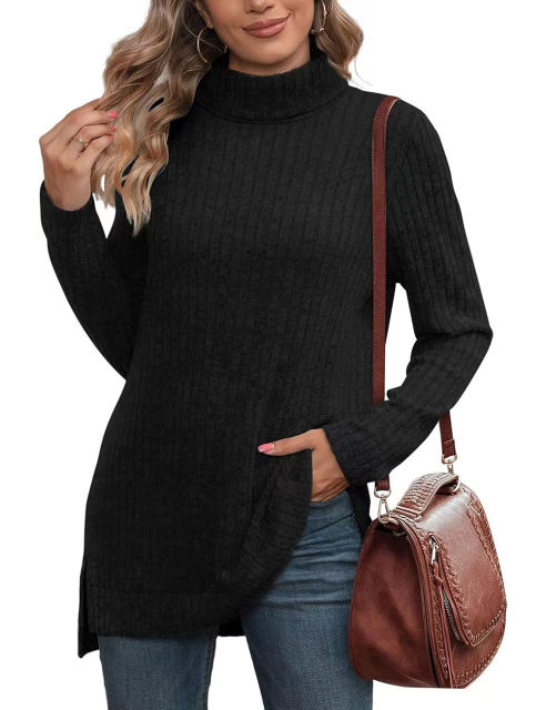 Black Rib Turtleneck Split Long Sleeve Tops