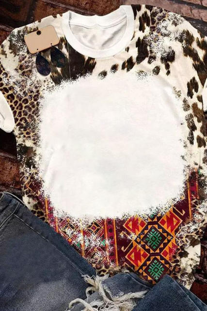Dark Brown Western Aztec Leopard Print Bleached T Shirt