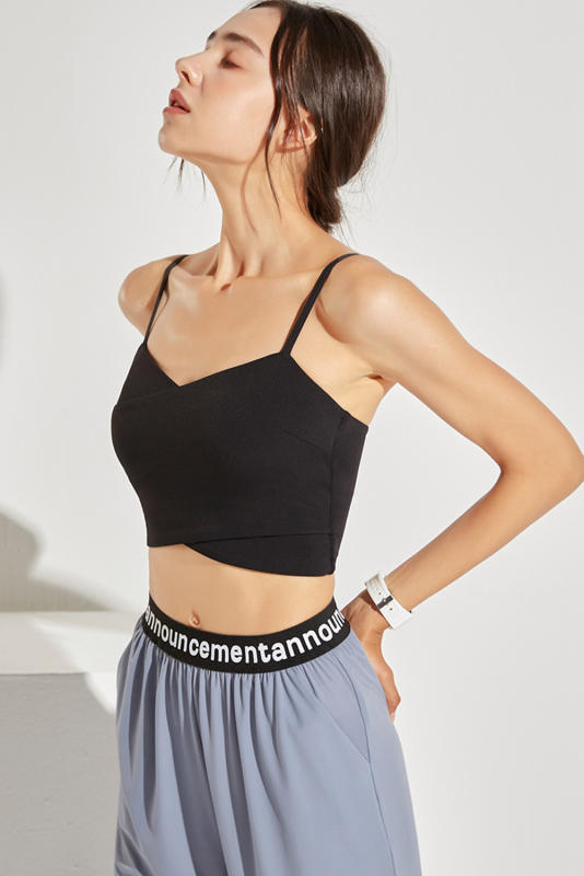 Black Solid Color Wrapped Spaghetti Straps Active Crop Top