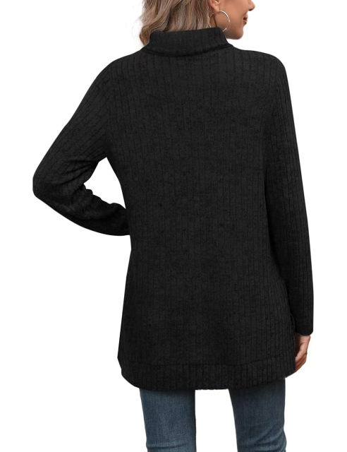 Black Rib Turtleneck Split Long Sleeve Tops