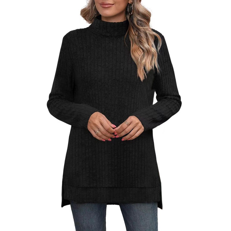 Black Rib Turtleneck Split Long Sleeve Tops